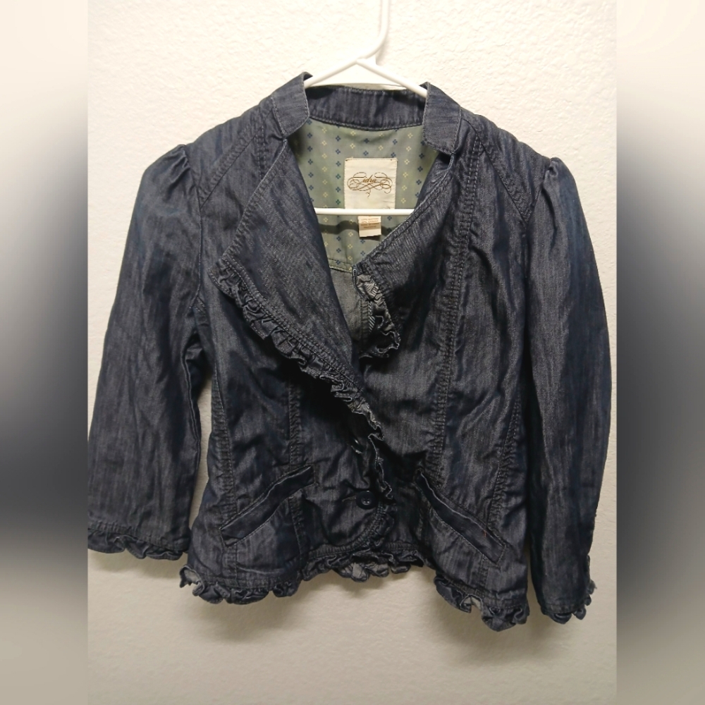 ☆ gray cidra anthropologie denim ruffle blouse